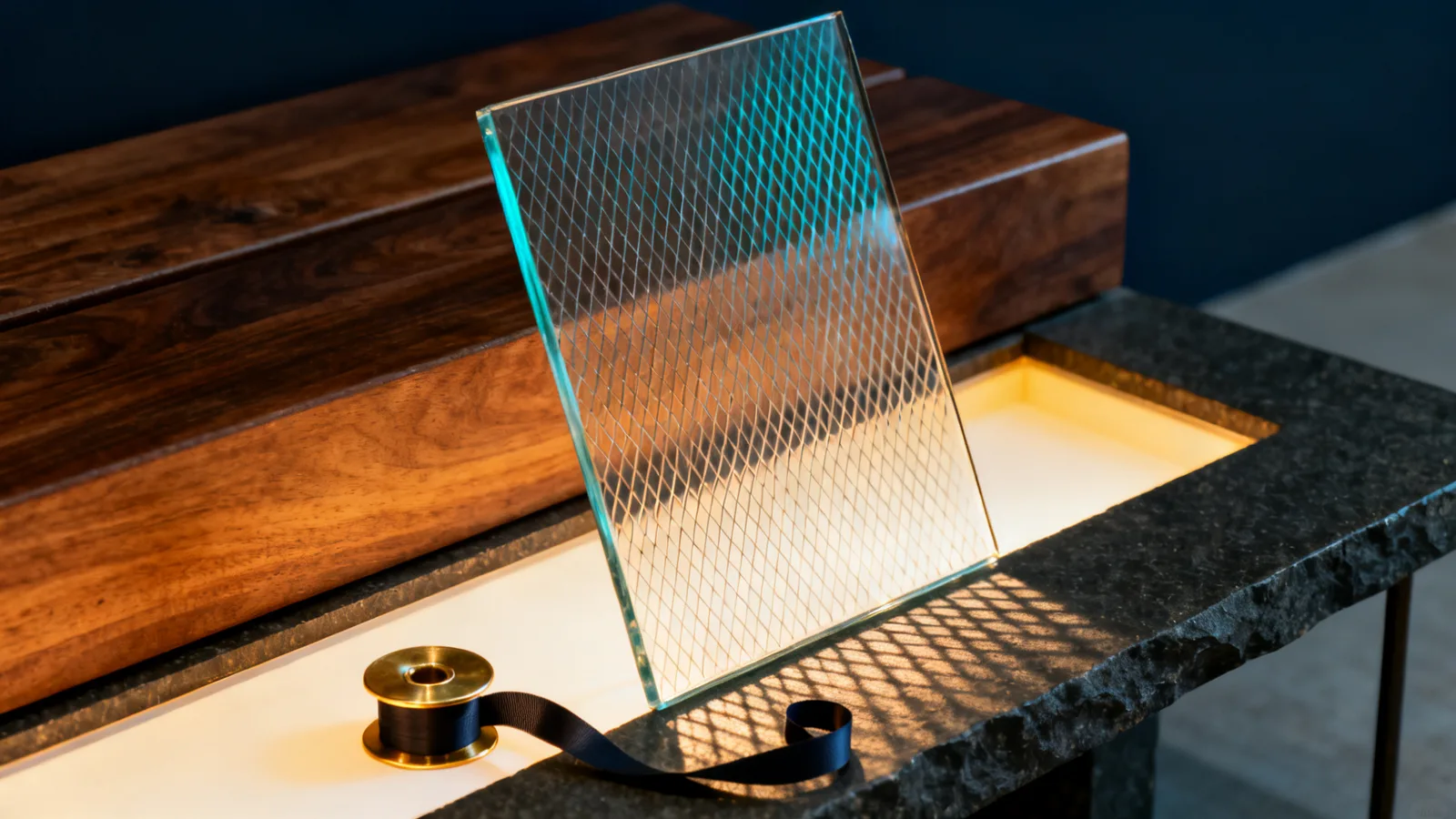 Lámina de vidrio grabada con una trama diagonal fina, apoyada sobre un panel luminoso empotrado en un banco de pizarra, proyectando su retícula de luz y sombra sobre la piedra junto a una bobina de latón.